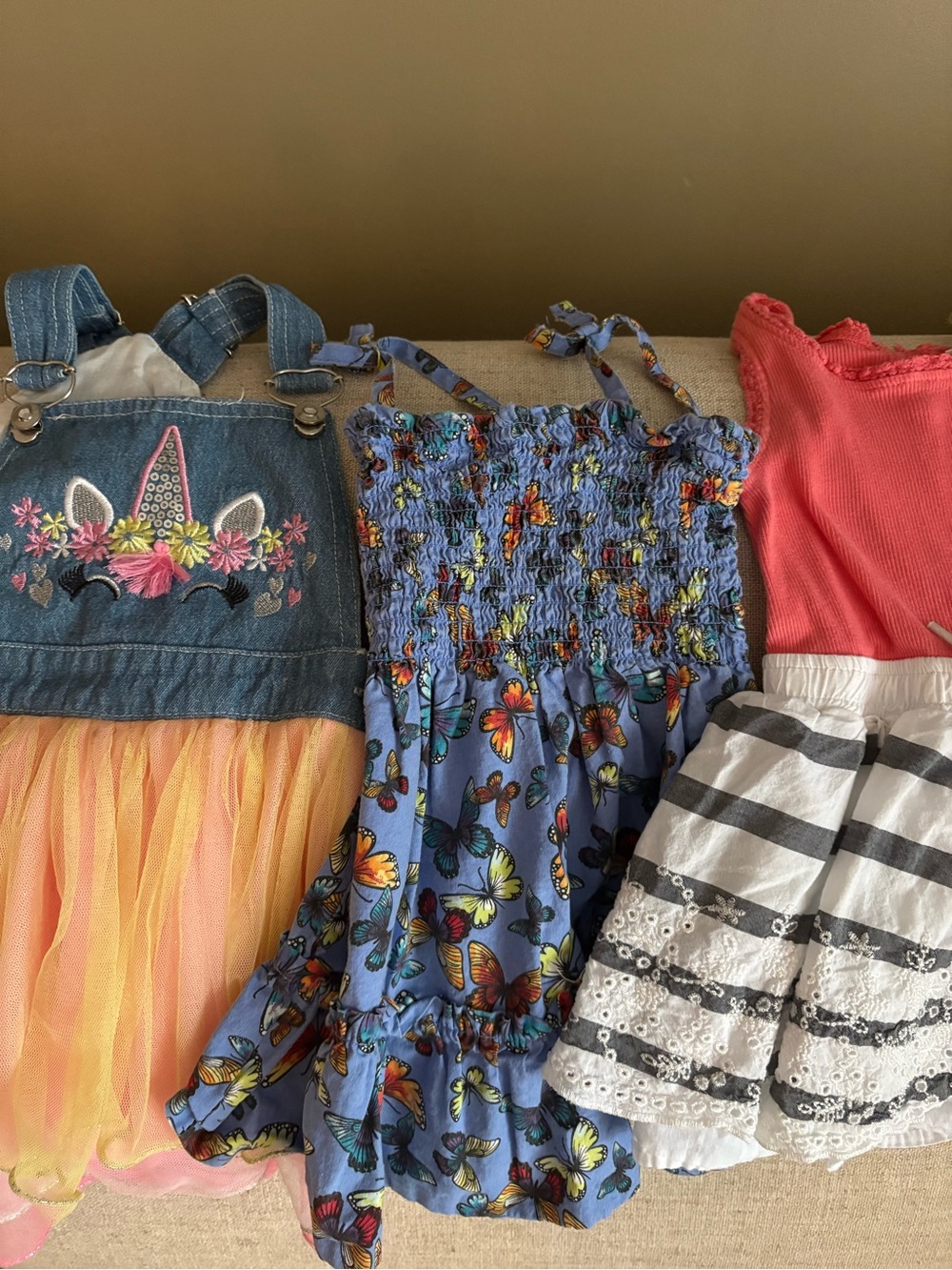 3-2T Dresses Unicorn/Denim Jumper, Butterfly Smocked w/Ruffle, Peach/Grey/White